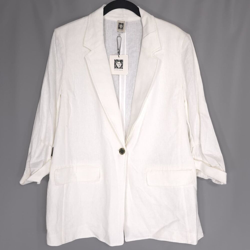 ANNE KLEIN Womens New Blazer Bright White LARGE Open Front Roll Tab Sleeve Linen